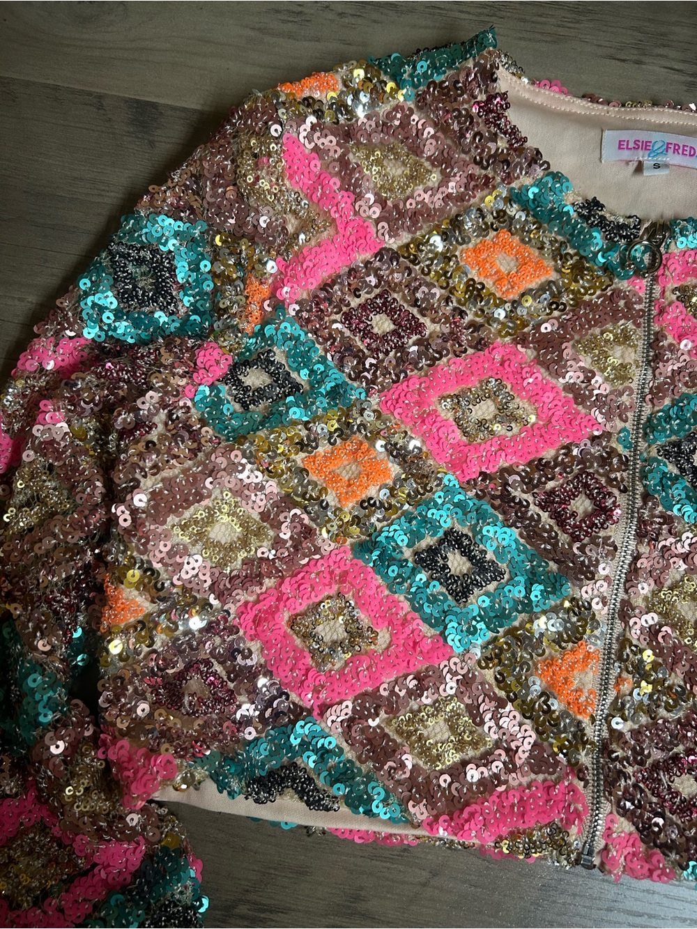 Elsie & Fred Pink Multicolor Cropped Sequin Party Jacket - Picture 3 of 7